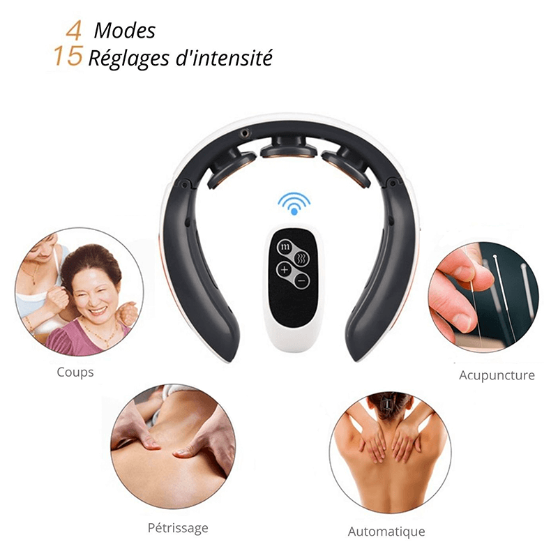 Notre masseur cervical ElecMassage™ soulage les douleurs cervicales, la tension musculaire, le mal de dos, réduit le stress, les migraines chroniques et améliore le sommeil. Il se développe avec chauffage, 4 modes d'impulsion, 15 réglages d'intensité. Design ergonomique, portable et tendance afin de pouvoir l'utiliser où bon vous semble : maison, bureau ou en voiture. 